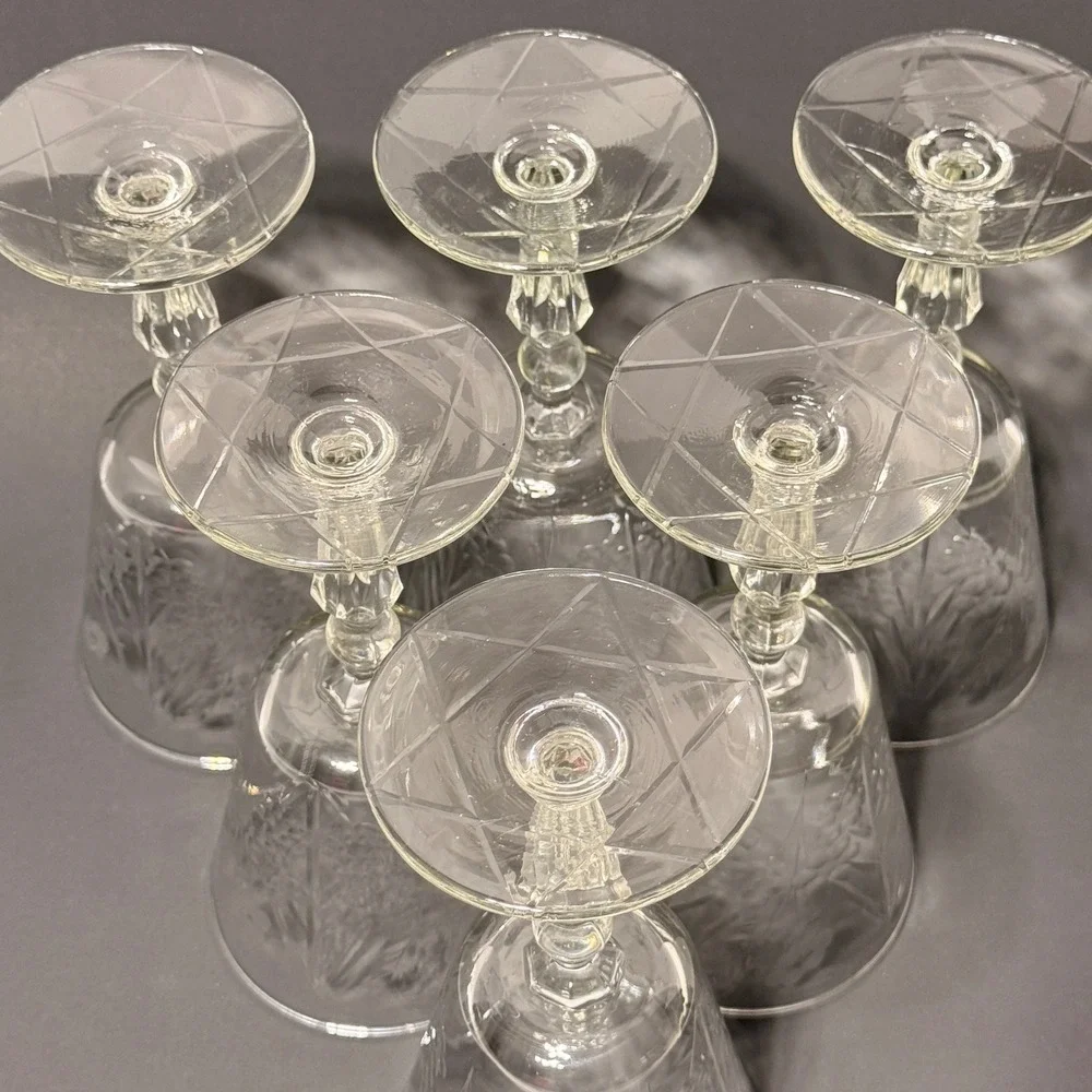 Vintage Libbey Rock Sharpe Crystal Wine Glass Water Goblet Set 6 Etched Floral